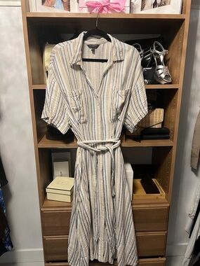 Banana Republic Cream and Blue Striped Maxi Shirt Dress Linen